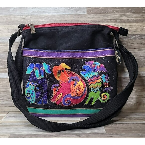 Laurel Burch Dog Puppy Clan Canvas Crossbody Tote Handbag Purse - Picture 2 of 14